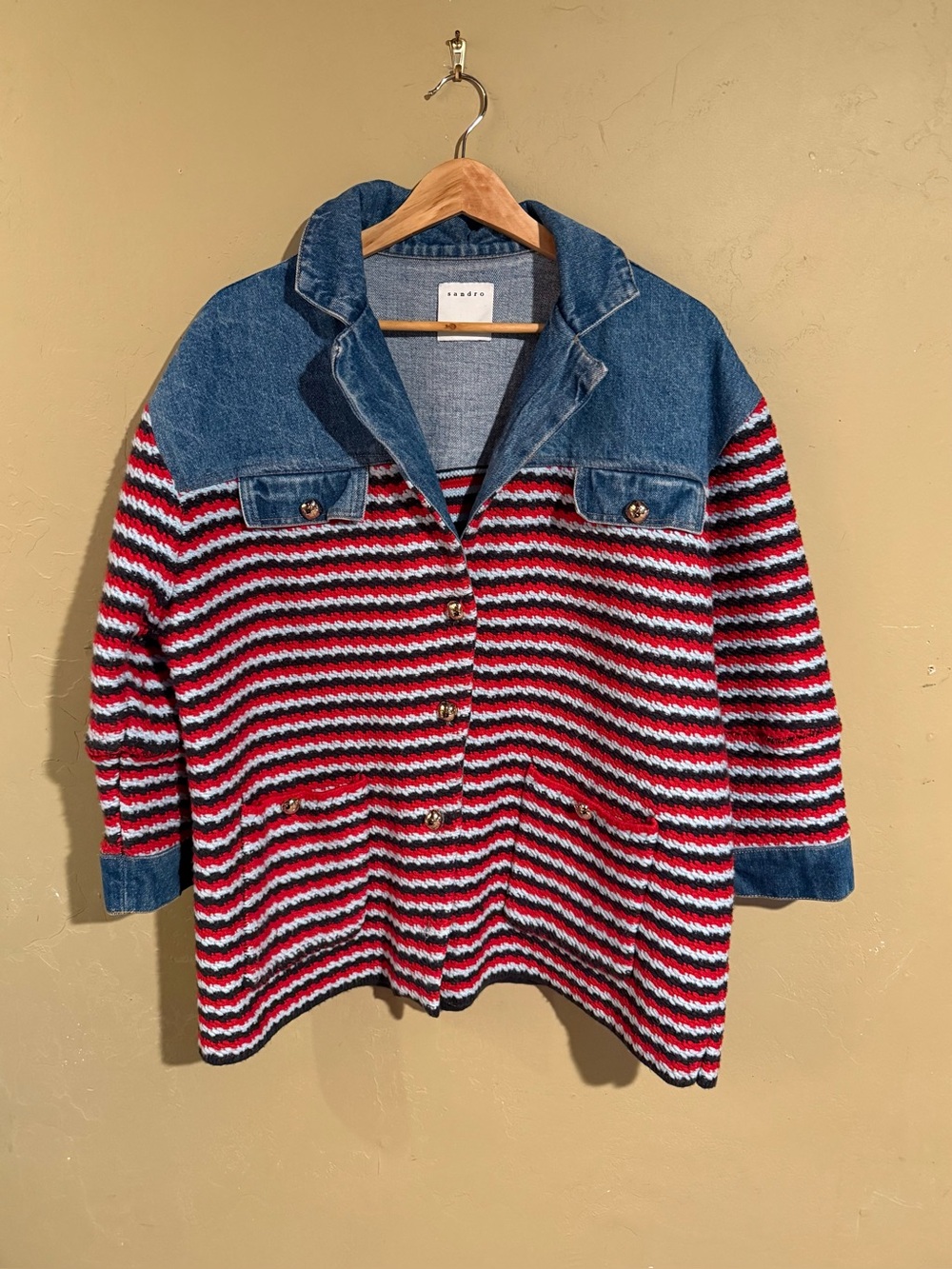 Sandro Oversized Tweed & Denim Jacket Size Medium